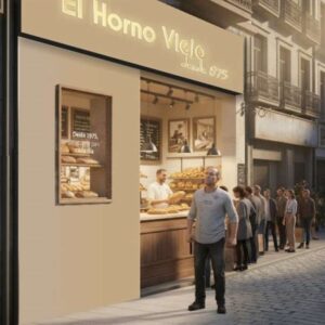 Fachada renovada y moderna de una panadería que refleja una imagen cuidada y atractiva. 