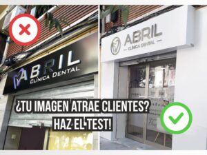 Comparativa antes y después de la fachada de una clínica dental en Valencia tras renovar rótulo, vinilos e imagen exterior para atraer más clientes