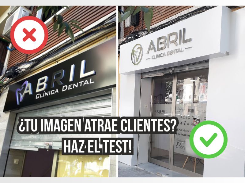 Comparativa antes y después de la fachada de una clínica dental en Valencia tras renovar rótulo, vinilos e imagen exterior para atraer más clientes